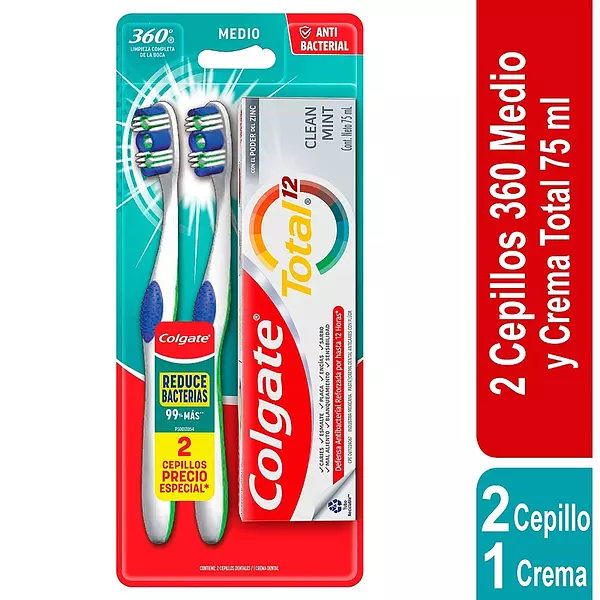 2 Cepillos Colgate 360 Medio Twinpack + Total 12 75 Ml