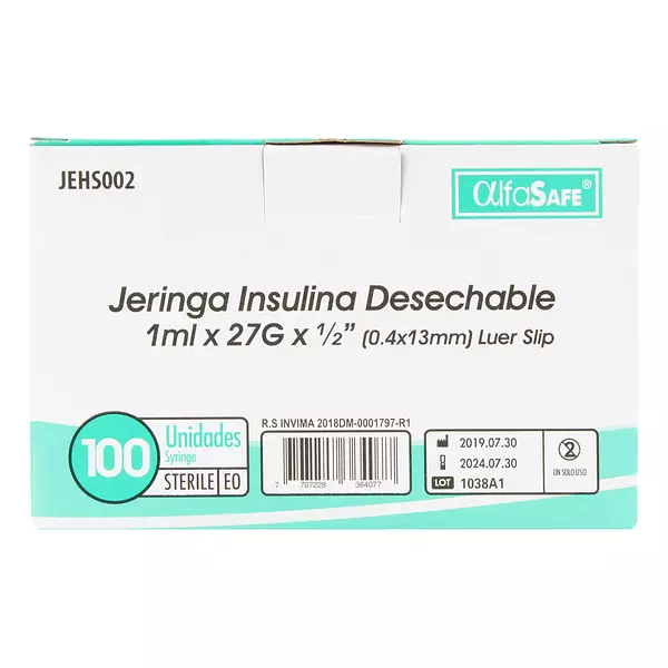 Jeringa Alfa Insulina1 Ml 27 Gr X1/2 (13mm)