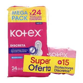 Toalla Kotex Discreta Mega Pack 24 Un + 15 Protectores